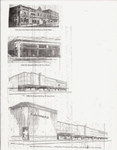 Images of Ruderman's throughout the years.  Obtained from a late-1960's press release.  The text for each reads, from top to bottom: 1914, Our First Store in the Shute Block on Ferry Street 1924, Our Second Building, 42 Ferry Street 1958, Our Present Building, 42 Ferry Street Our New Expansion in Progress ... Taking Over the Former Post Office and Joining the Two Buildings